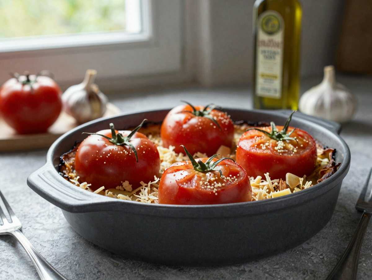 Tomatenhälften mit Kräutern gebacken – während der Zubereitung