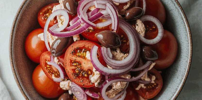 Tomatensalat mit roten Zwiebeln und Olivenöl – so sieht es fertig aus