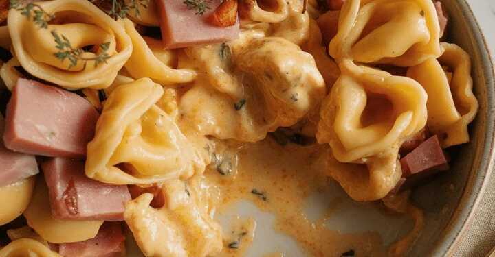 Tortellinisalat mit 250 g Emmentaler und 1 Packung Kochschinken