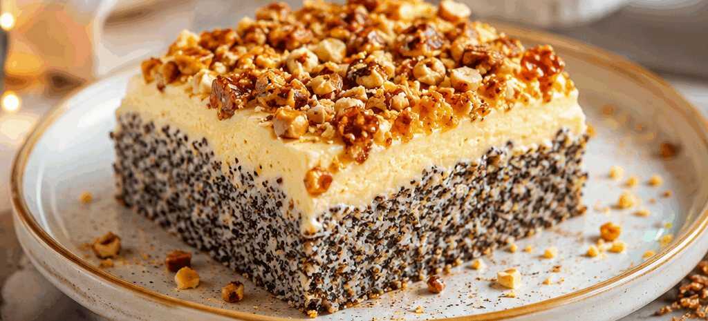 Unglaublicher Mohnkuchen ohne Boden mit Paradiescreme und knusprigem Haselnusskrokant! – so sieht es fertig aus