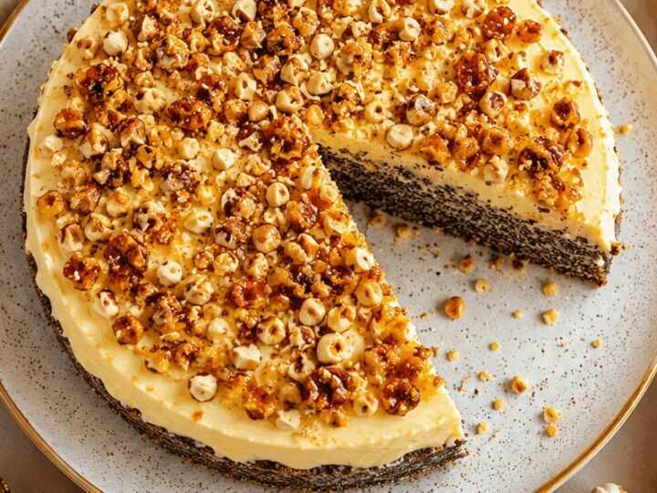 Unglaublicher Mohnkuchen ohne Boden mit Paradiescreme und knusprigem Haselnusskrokant!