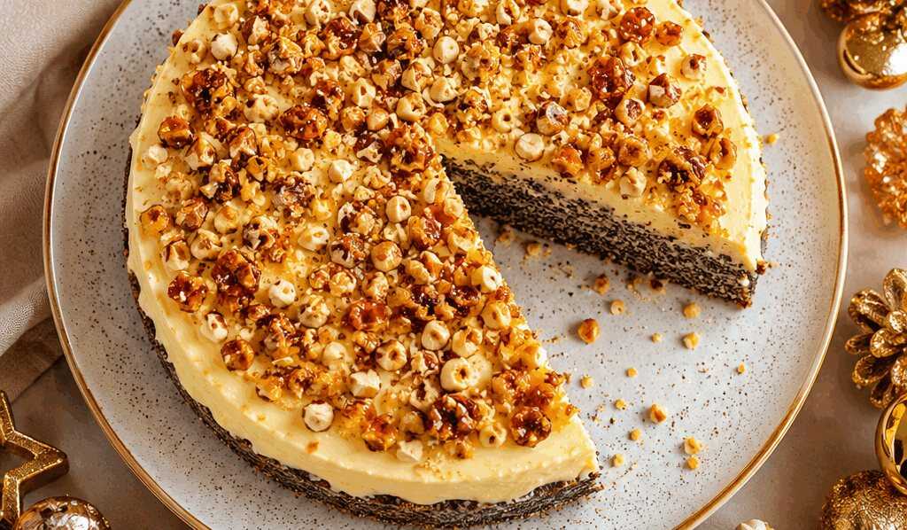 Mohnkuchen ohne Boden mit Paradiescreme und knusprigem Haselnusskrokant