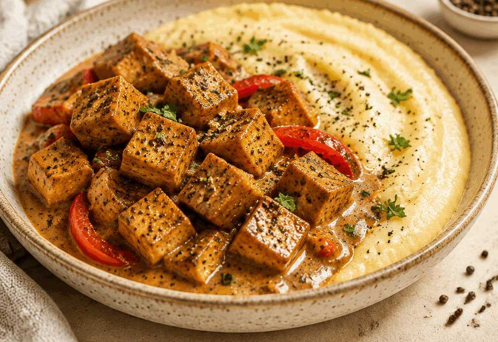 Veganes Pfeffer-Tofu mit cremigem Käsegrieß: Der ultimative Genussmoment!