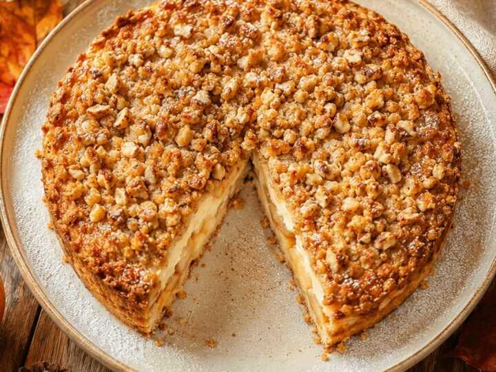 Verführerischer Apfelkuchen: saftige Vanillecreme trifft auf knusprige Nussstreusel!