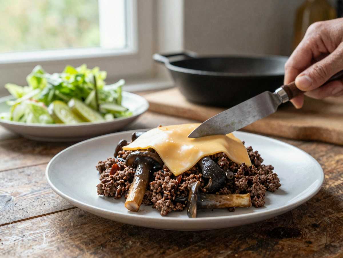 Verlockende Doppelschicht-Pilz-Hähnchen-Cheeseburger-Verführung! – während der Zubereitung