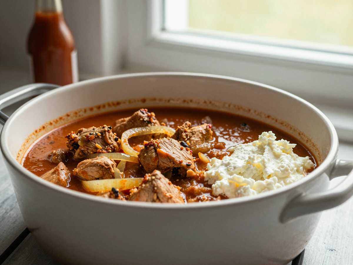Verlockendes Buffalo Chicken Chili aus dem Crockpot – perfekt für gemütliche Abende! – während der Zubereitung