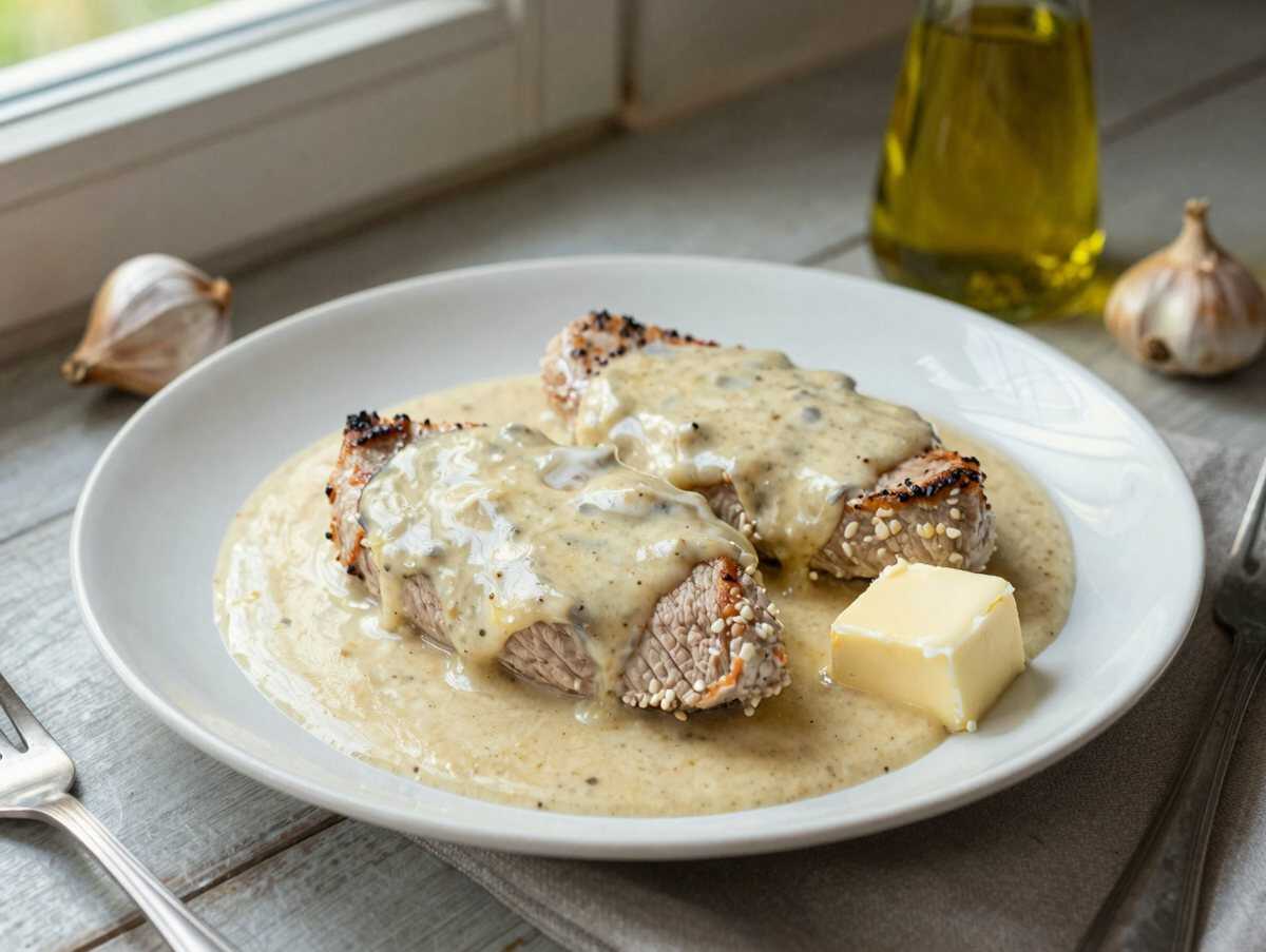 Voll lecker, Hähnchenfilet in cremiger Knoblauchsauce – während der Zubereitung