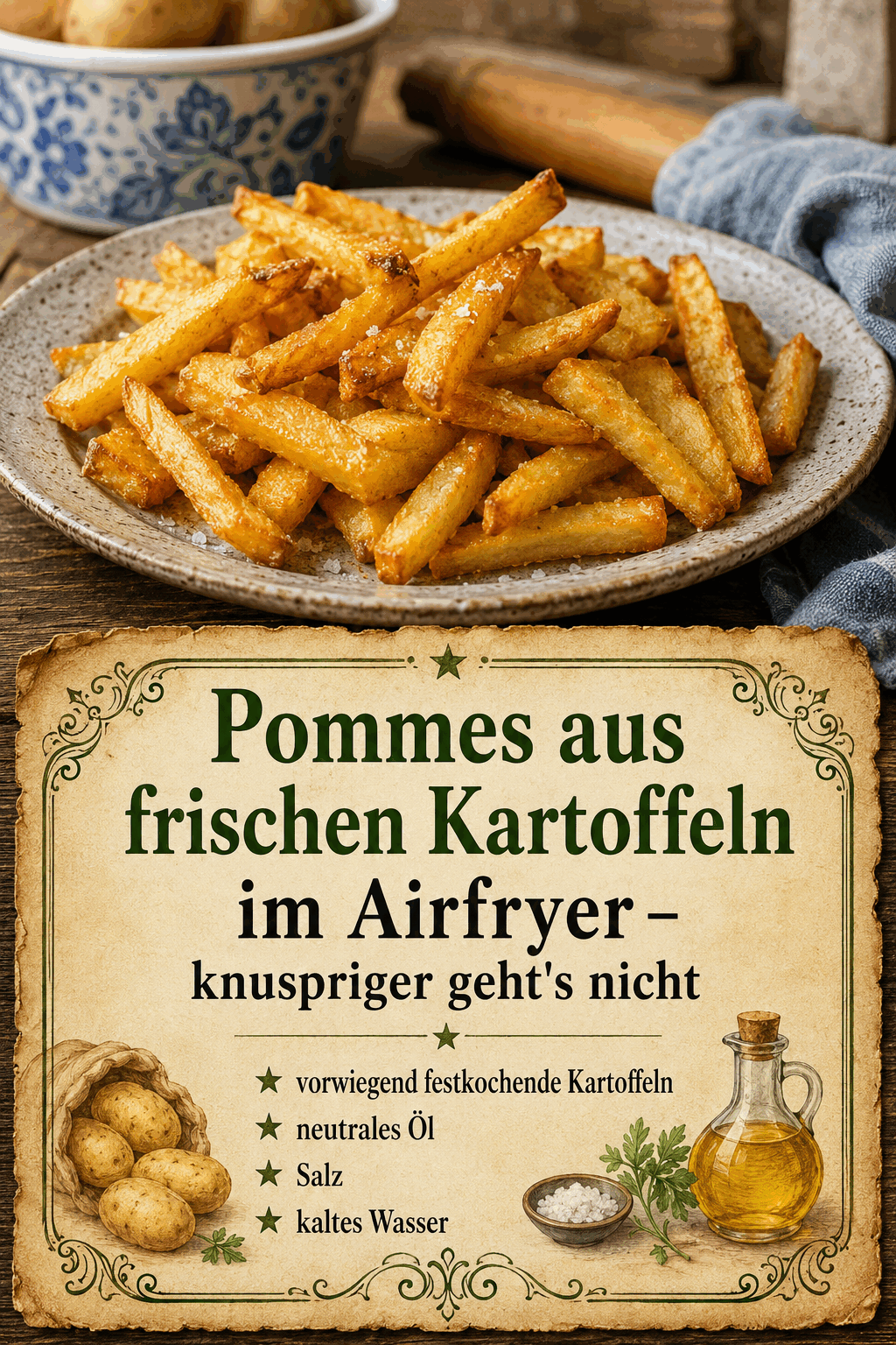 - vorwiegend festkochende Kartoffeln - neutrales Öl - Salz - kaltes Wasser