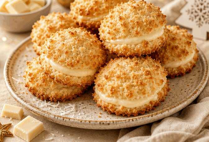 Weihnachtliche Kokosplätzchen mit himmlischer weißer Schokoladenfüllung – Unwiderstehliches Rezept entdecken!