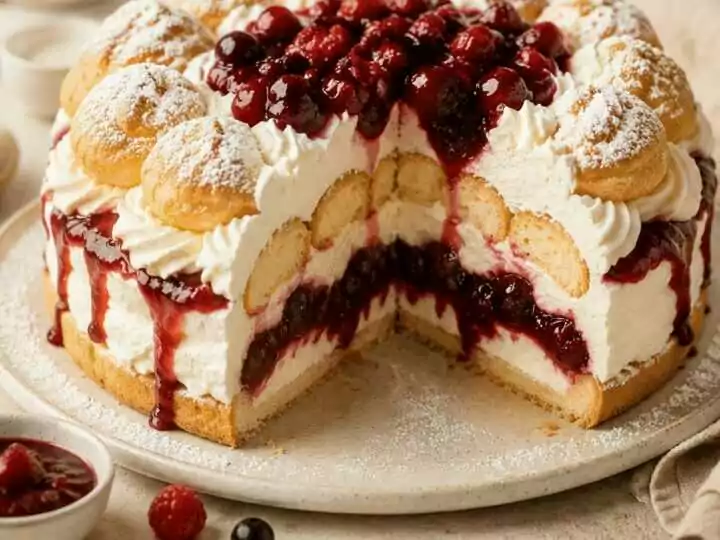 Windbeutel-Sahne Torte mit Rote Grütze