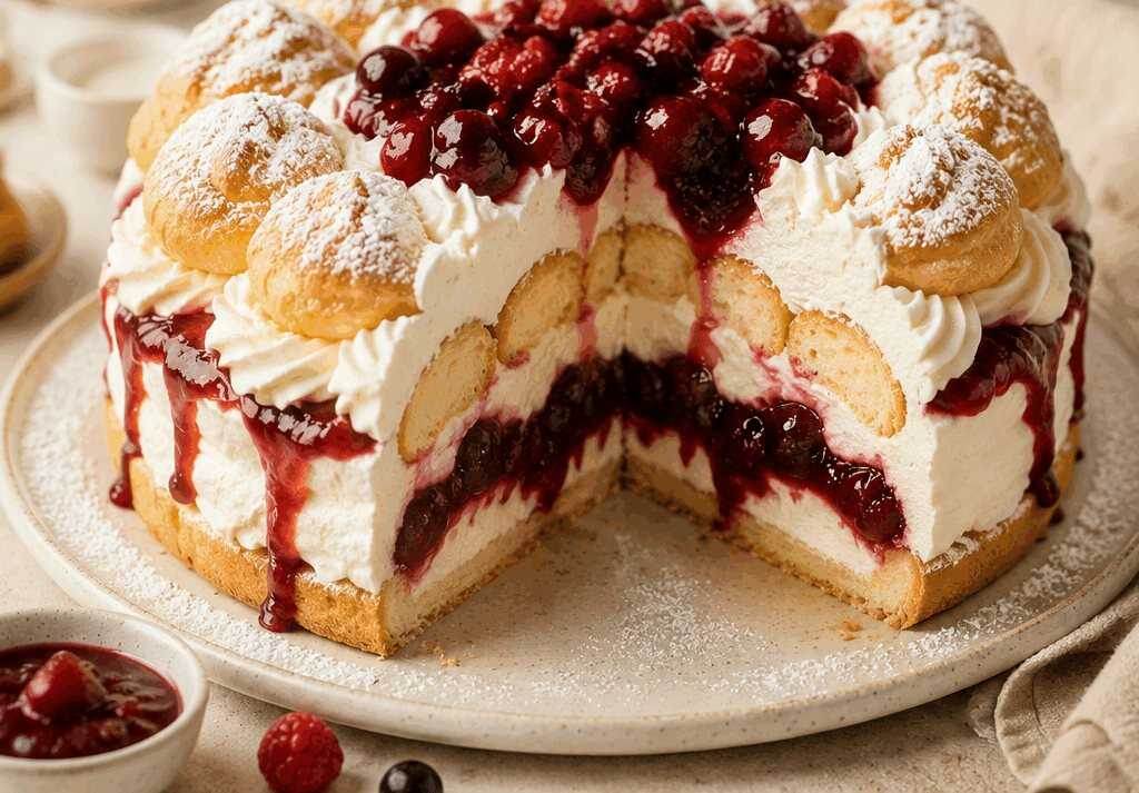 Windbeutel-Sahne Torte mit Rote Grütze