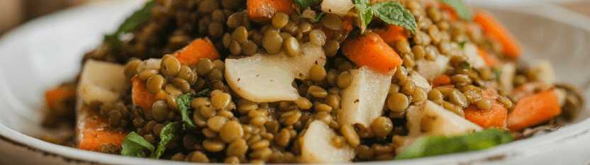 Winterlicher Linsensalat mit geröstetem Wurzelgemüse und Minze – so sieht es fertig aus