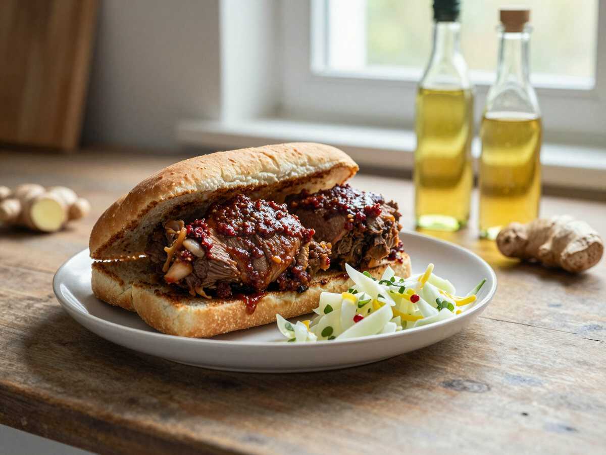 Würziges Koreanisches BBQ-Hähnchensandwich mit Knusprigem Krautsalat - Ein Geschmackserlebnis! – während der Zubereitung