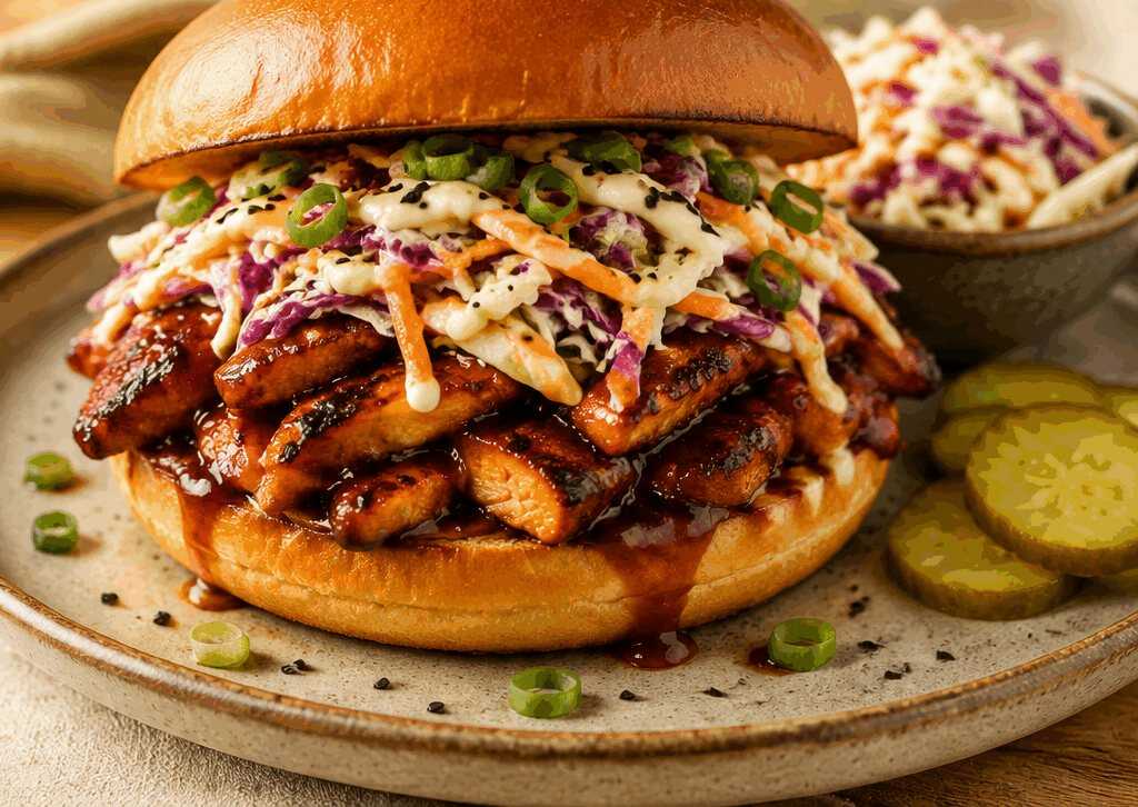 Würziges Koreanisches BBQ-Hähnchensandwich mit Knusprigem Krautsalat – Ein Geschmackserlebnis!