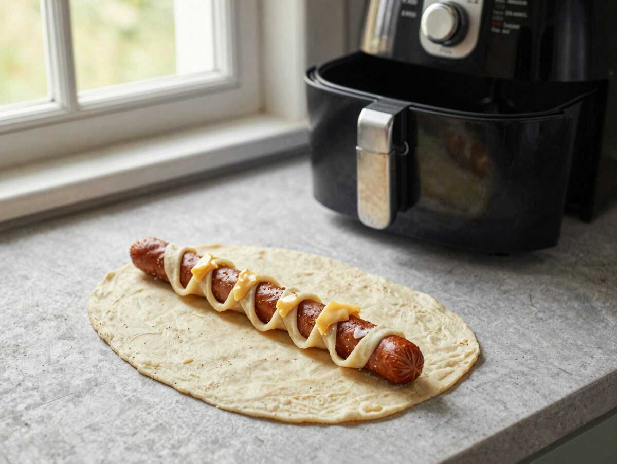 Wurstschnecken aus Pizzateig im Airfryer – schmeckt wie frittiert, mit einem Bruchteil vom Fett – während der Zubereitung