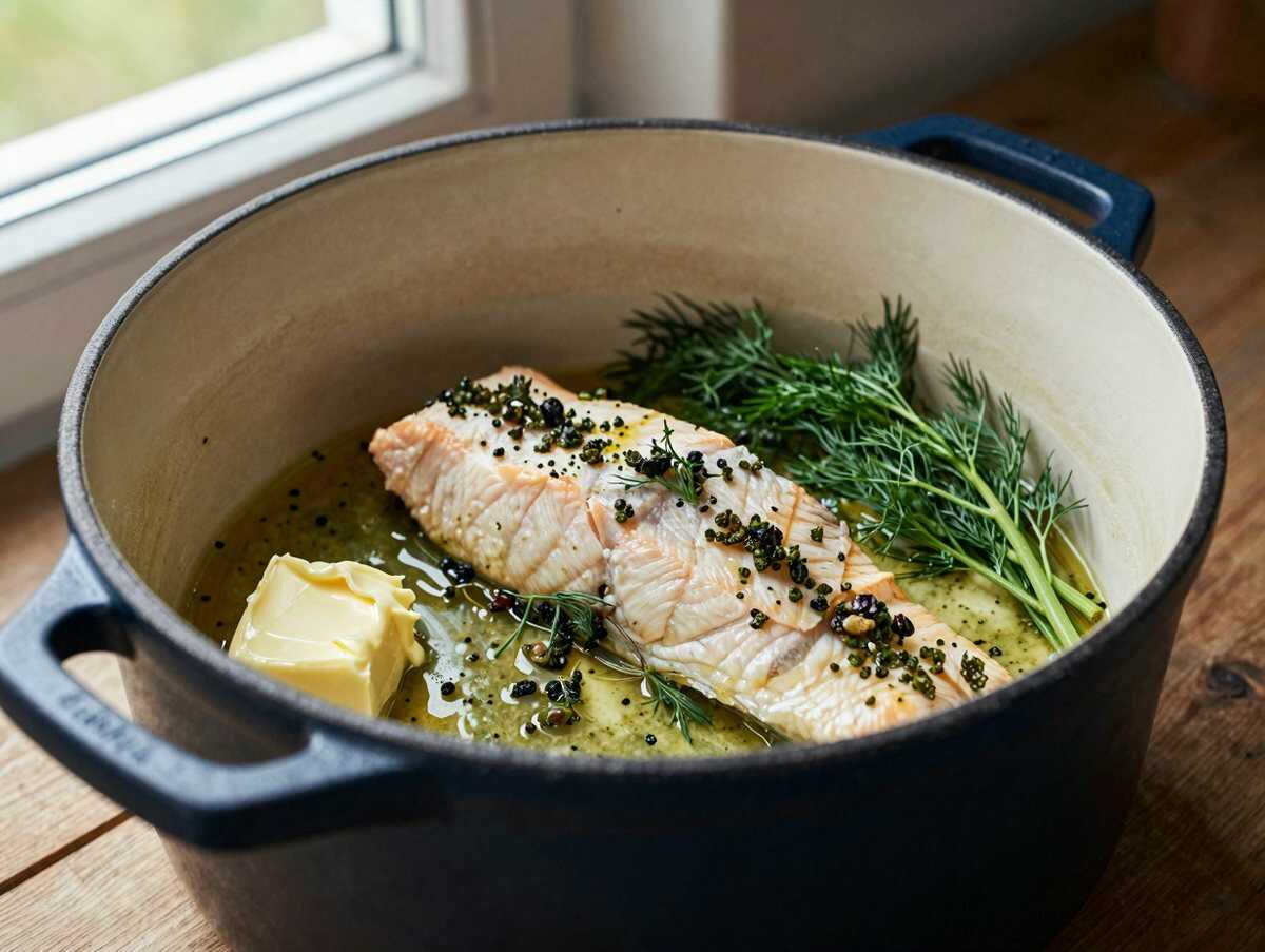 Zarte Lachsfilets aus dem Crockpot mit Dillbutter & Kapern – Unwiderstehlich Lecker! – während der Zubereitung