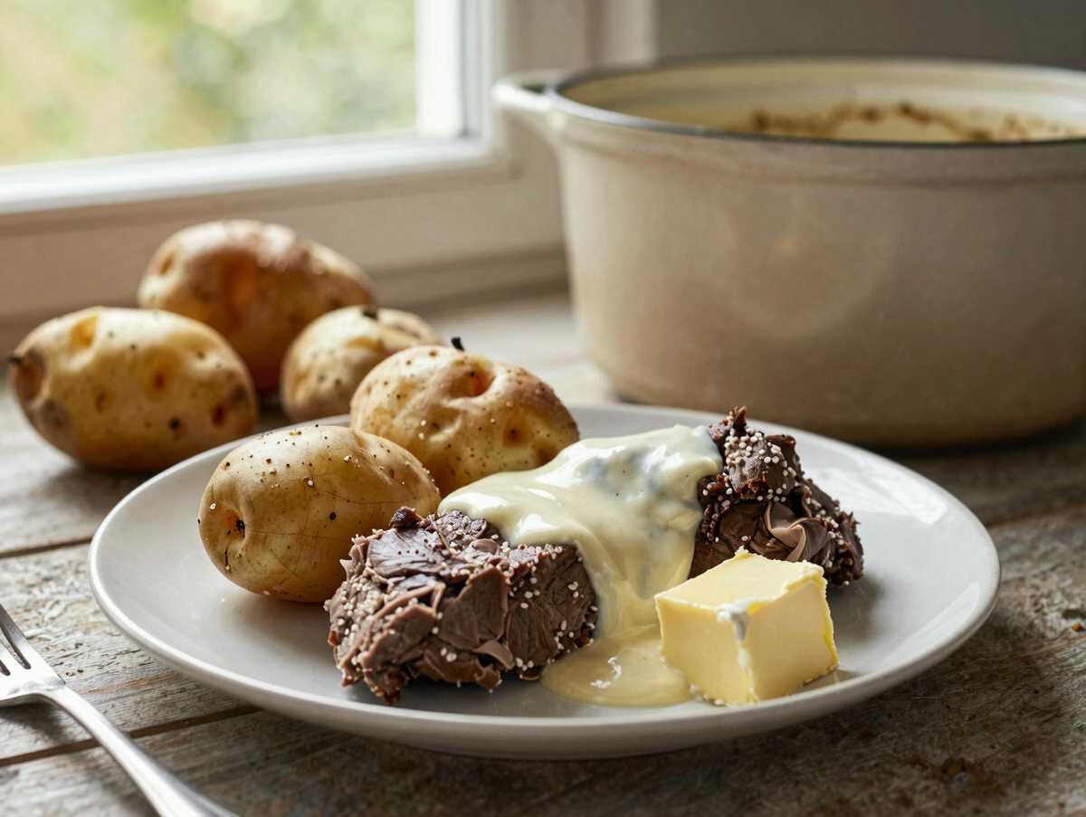 Zartes Knoblauch-Butter-Rind aus dem Crockpot mit Kartoffel-Zauber – während der Zubereitung