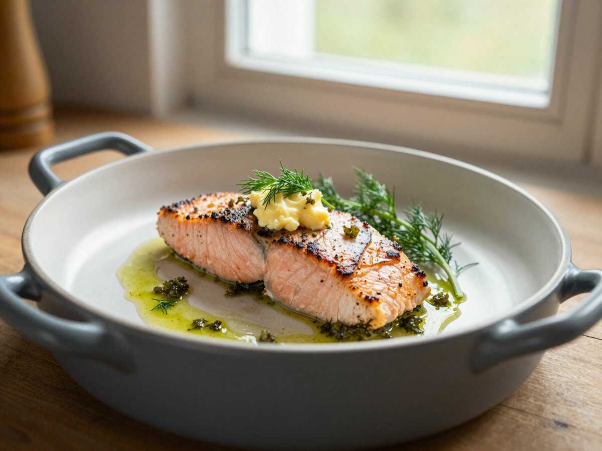 Zartes Lachsfilet aus dem Crockpot mit Dillbutter und Kapern - Ein Genuss, den Sie nicht verpassen sollten! – während der Zubereitung