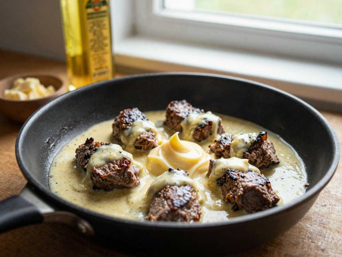 Zartes Rinderfilet mit Knoblauch-Butter-Sauce, das auf der Zunge zergeht - Ein Genuss-Erlebnis! – während der Zubereitung