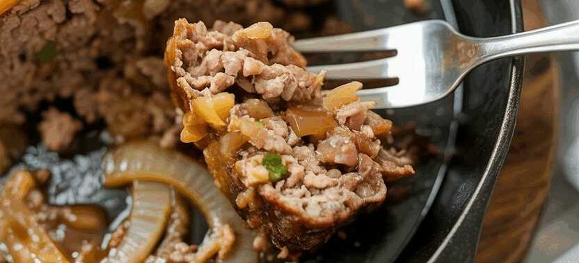 Zwiebel-Hackbraten mit Weißbrot in Milch und Ketchupglasur