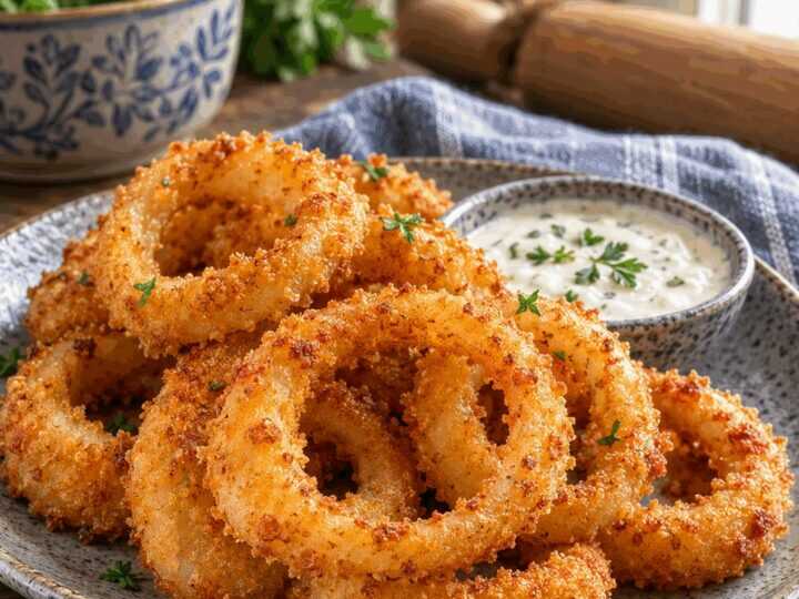 Zwiebelringe im knusprigen Teigmantel aus dem Airfryer – perfekt als Beilage zum Grillabend