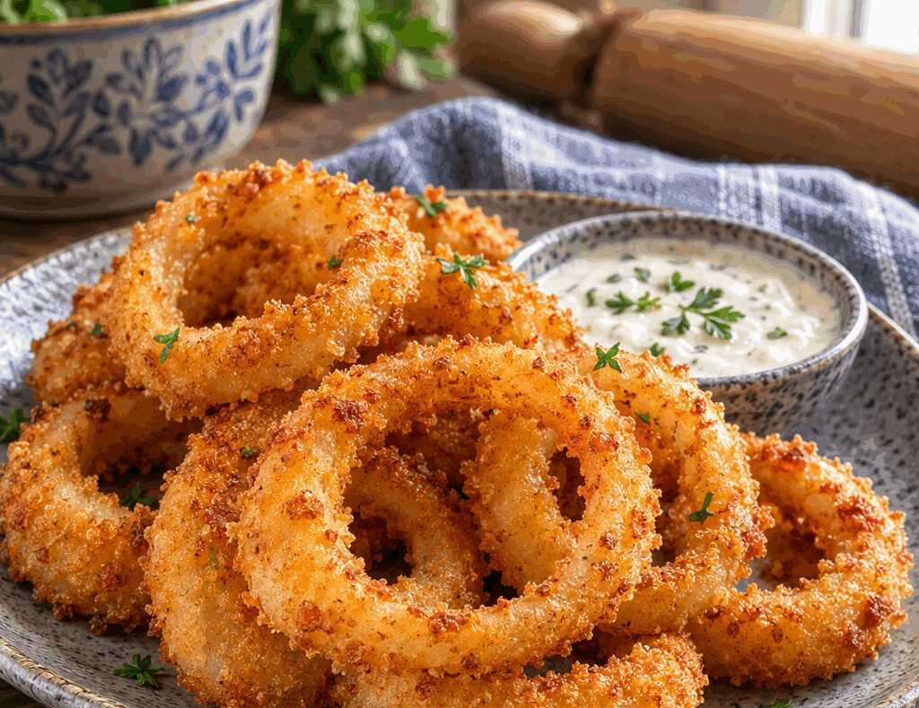 Zwiebelringe im knusprigen Teigmantel aus dem Airfryer – perfekt als Beilage zum Grillabend