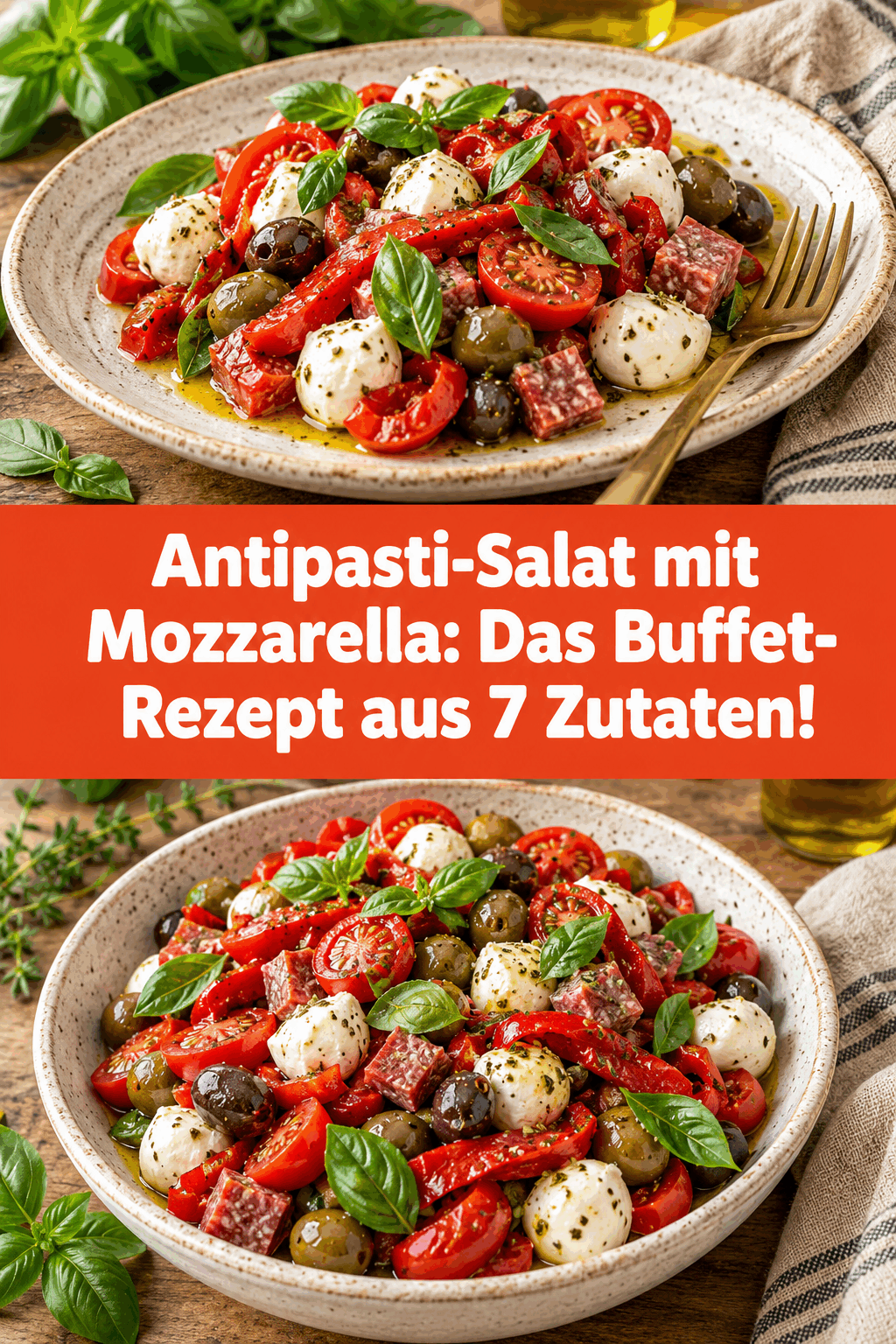 Antipasti-Salat mit Mozzarella: Das Buffet-Rezept aus 7 Zutaten!