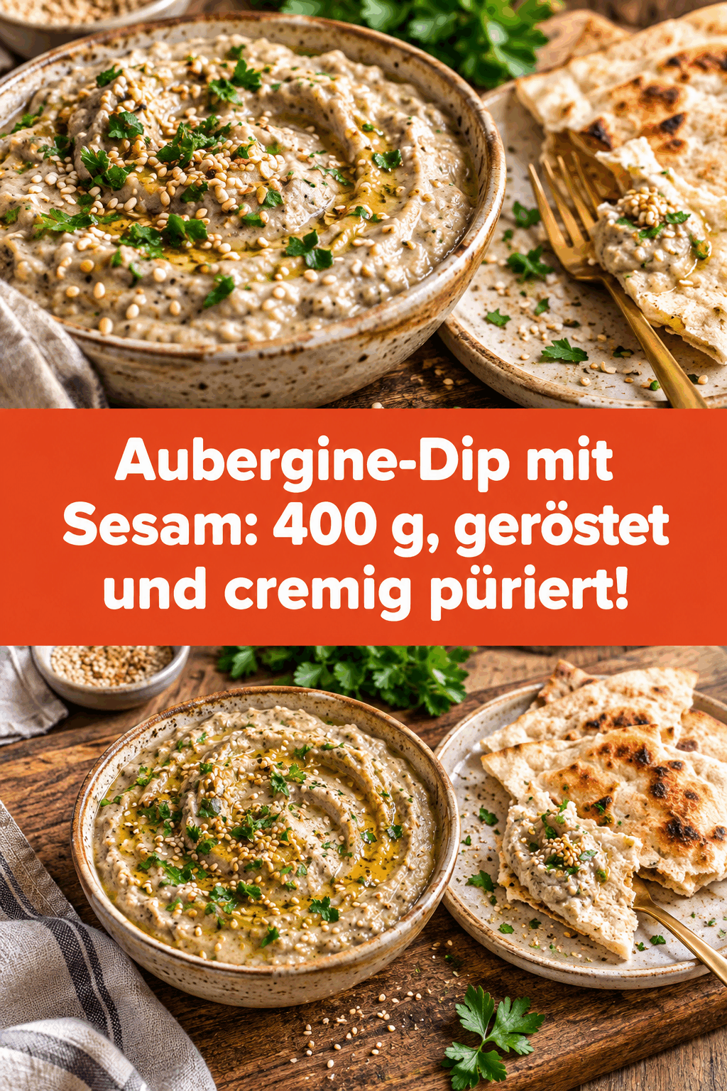 Aubergine-Dip mit Sesam: 400 g, geröstet und cremig püriert!