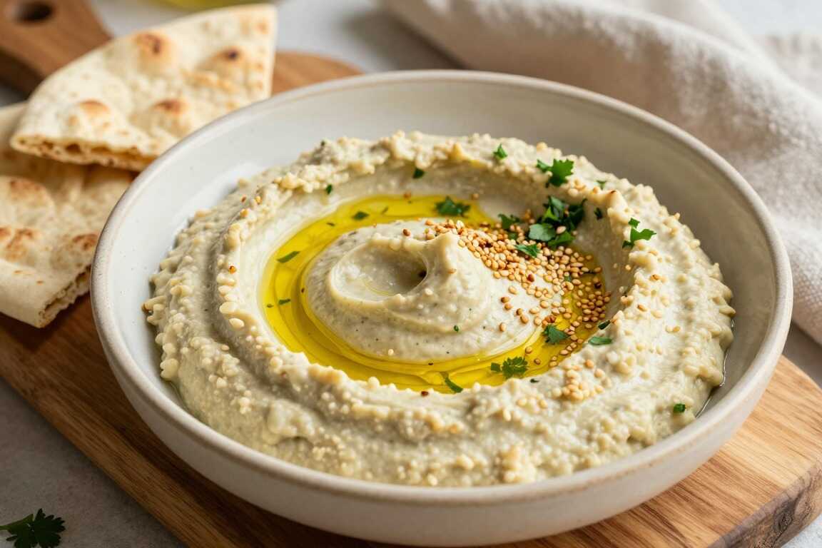 Aubergine-Dip mit Sesam: 400 g, geröstet und cremig püriert!