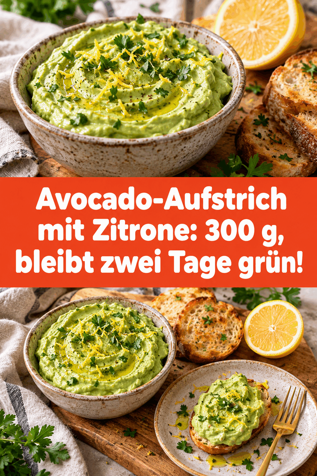 Avocado-Aufstrich mit Zitrone: 300 g, bleibt zwei Tage grün!