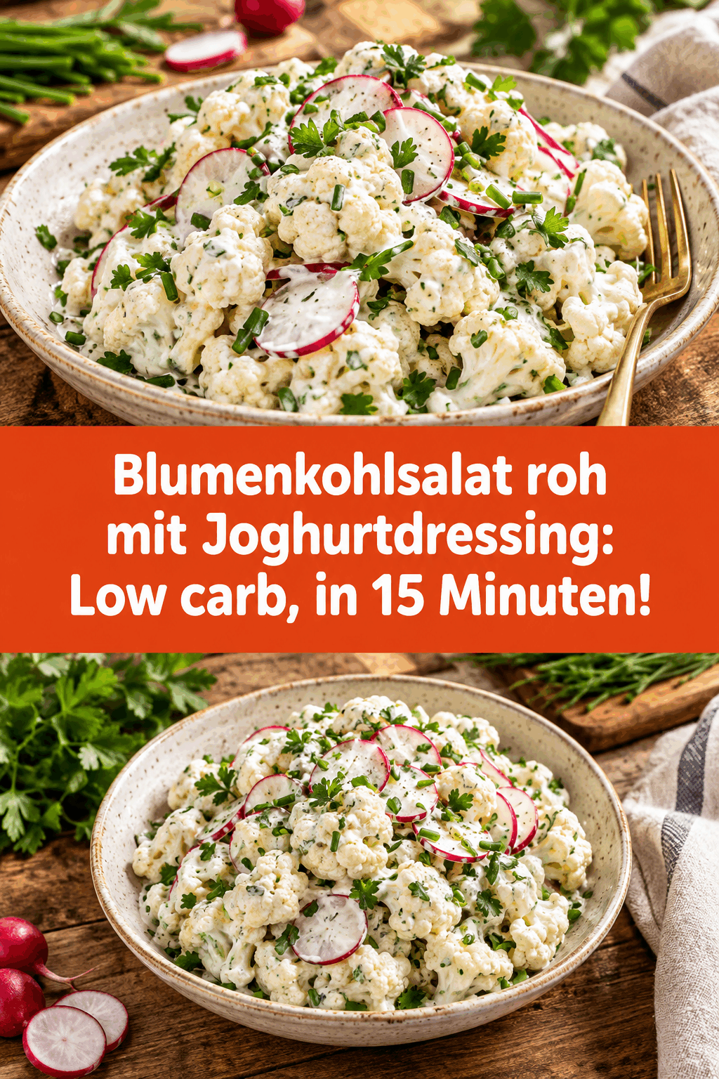 Blumenkohlsalat roh mit Joghurtdressing: Low carb, in 15 Minuten!