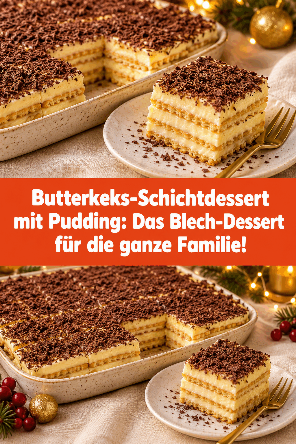 Butterkeks-Schichtdessert mit Pudding: Das Blech-Dessert für die ganze Familie!