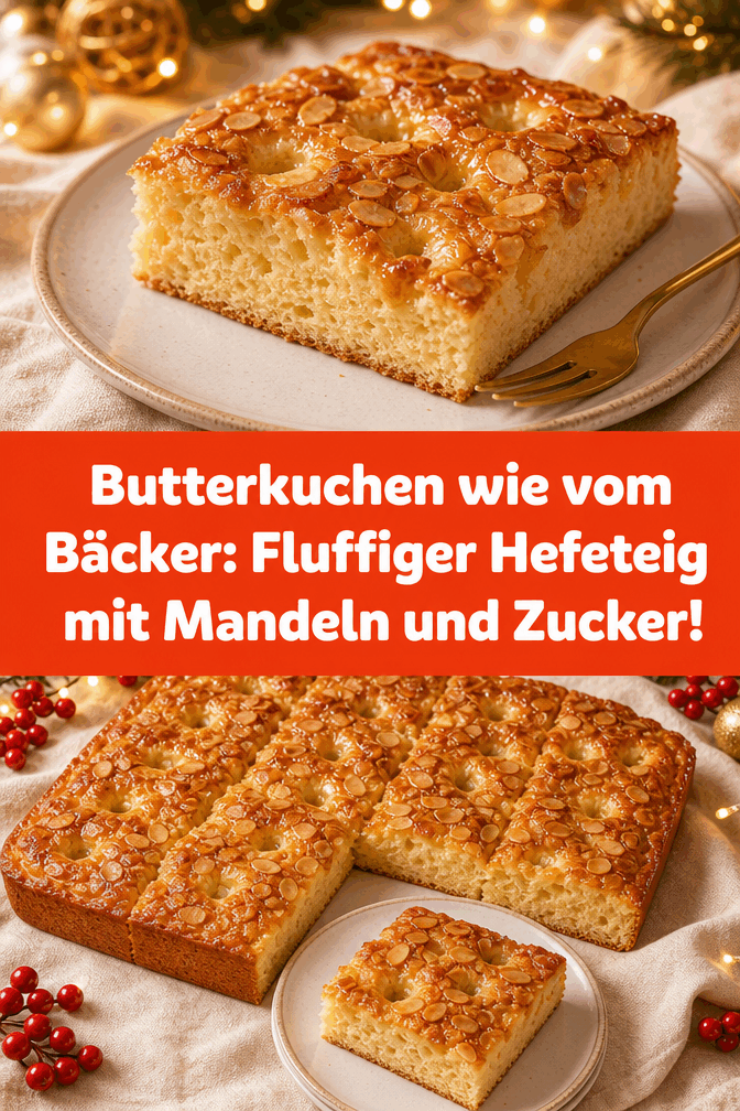 Butterkuchen wie vom Bäcker: Fluffiger Hefeteig mit Mandeln und Zucker!