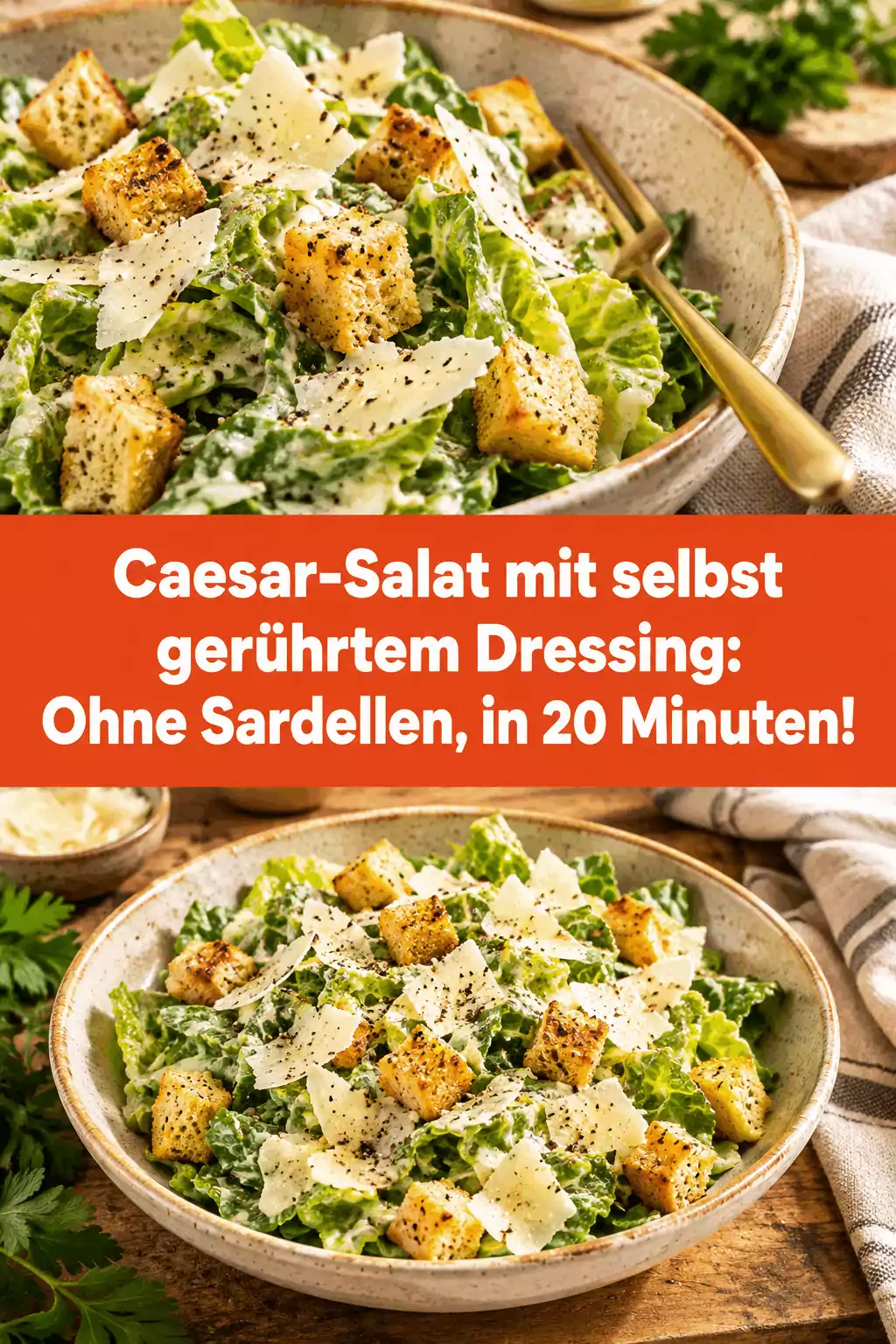 Caesar-Salat mit selbst gerührtem Dressing: Ohne Sardellen, in 20 Minuten!