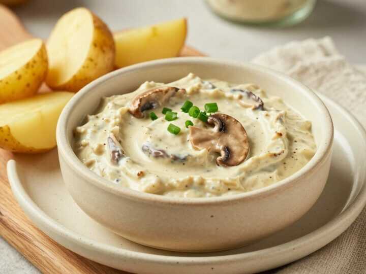 Champignon-Rahm-Dip für Kartoffelecken: 350 g, sämig gerührt!