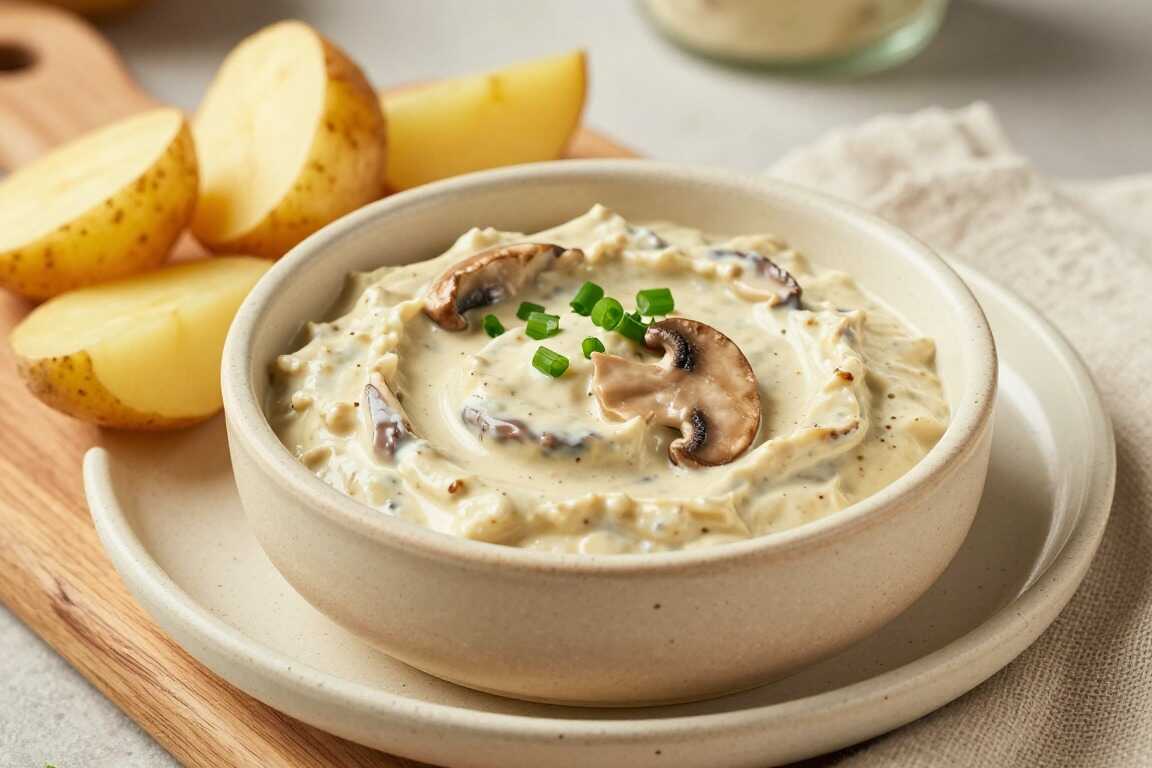 Champignon-Rahm-Dip für Kartoffelecken: 350 g, sämig gerührt!