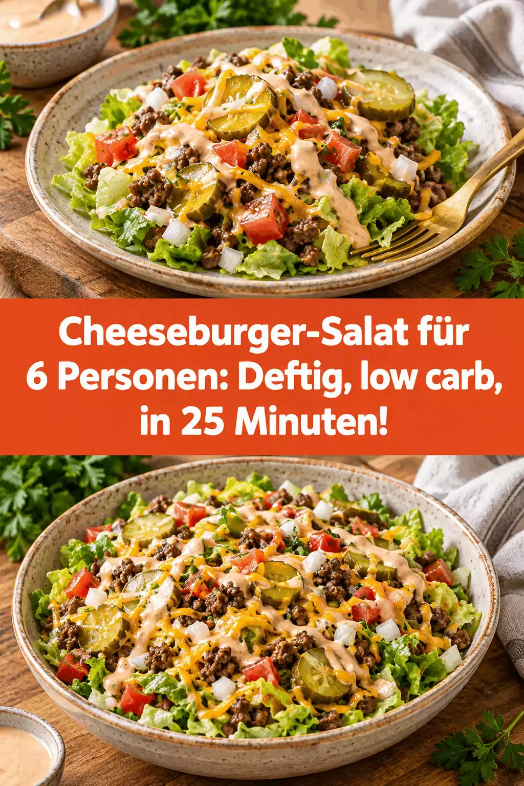 Cheeseburger-Salat für 6 Personen: Deftig, low carb, in 25 Minuten!
