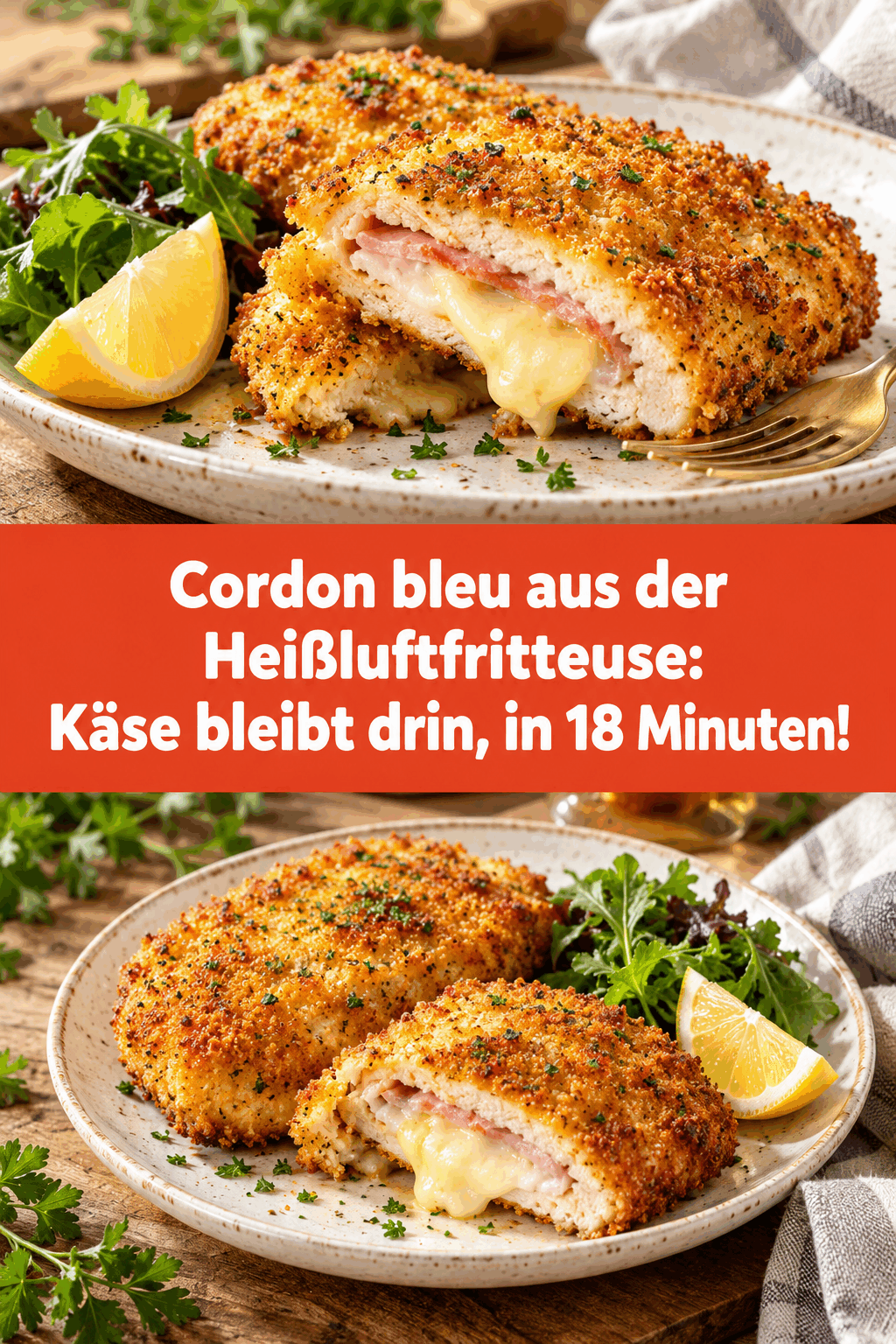 Cordon bleu aus der Heißluftfritteuse: Käse bleibt drin, in 18 Minuten!