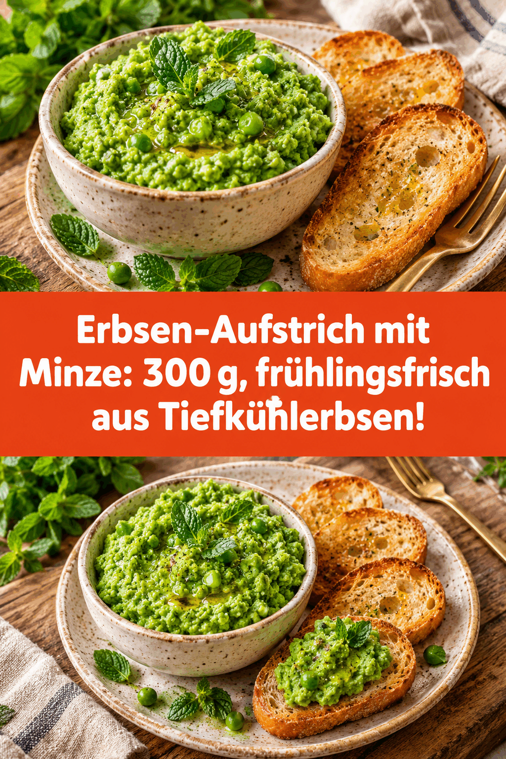Erbsen-Aufstrich mit Minze: 300 g, frühlingsfrisch aus Tiefkühlerbsen!
