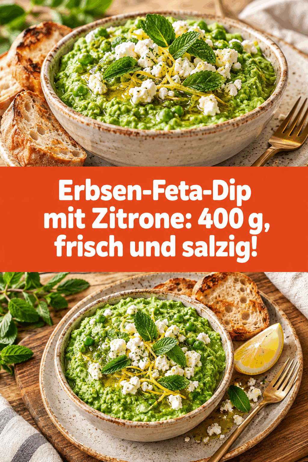 Erbsen-Feta-Dip mit Zitrone: 400 g, frisch und salzig!