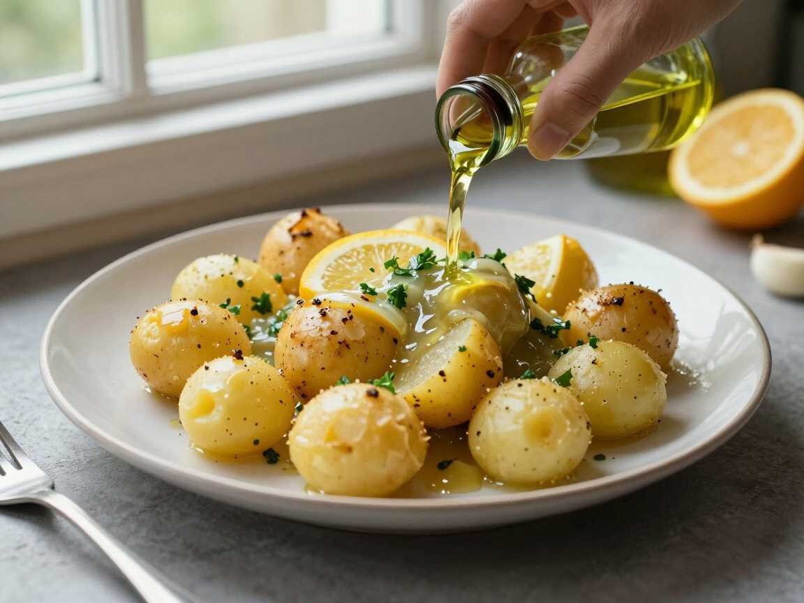 Griechische Kartoffeln mit Zitrone aus dem Ofen, der Klassiker der deutschen Küche neu entdeckt – während der Zubereitung