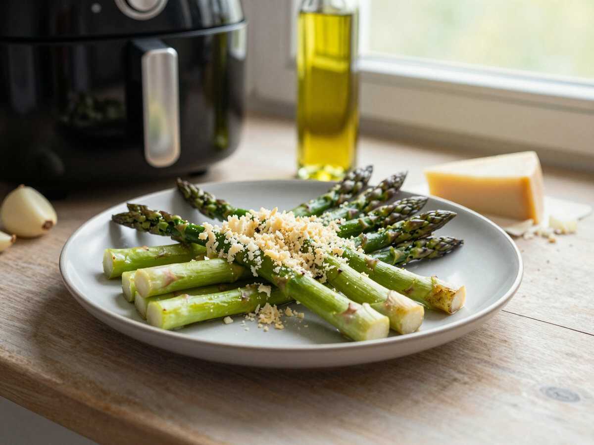 Grüner Spargel mit Parmesan aus dem Airfryer, perfekt für den schnellen Feierabend – während der Zubereitung