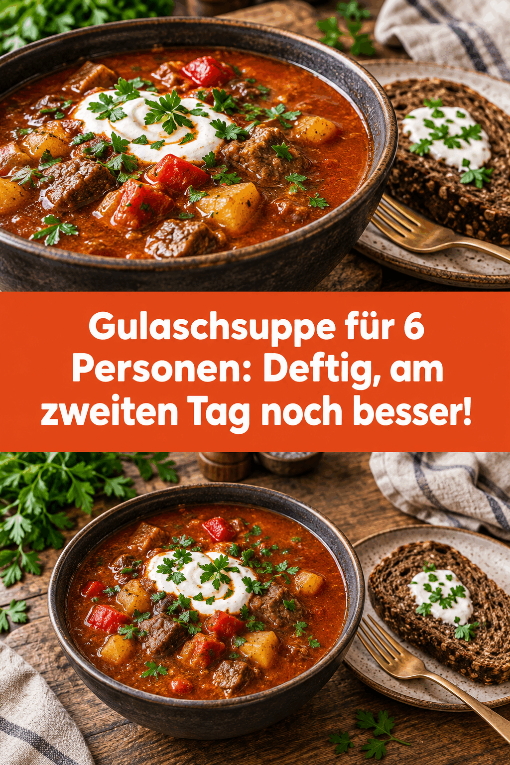 Gulaschsuppe für 6 Personen: Deftig, am zweiten Tag noch besser!