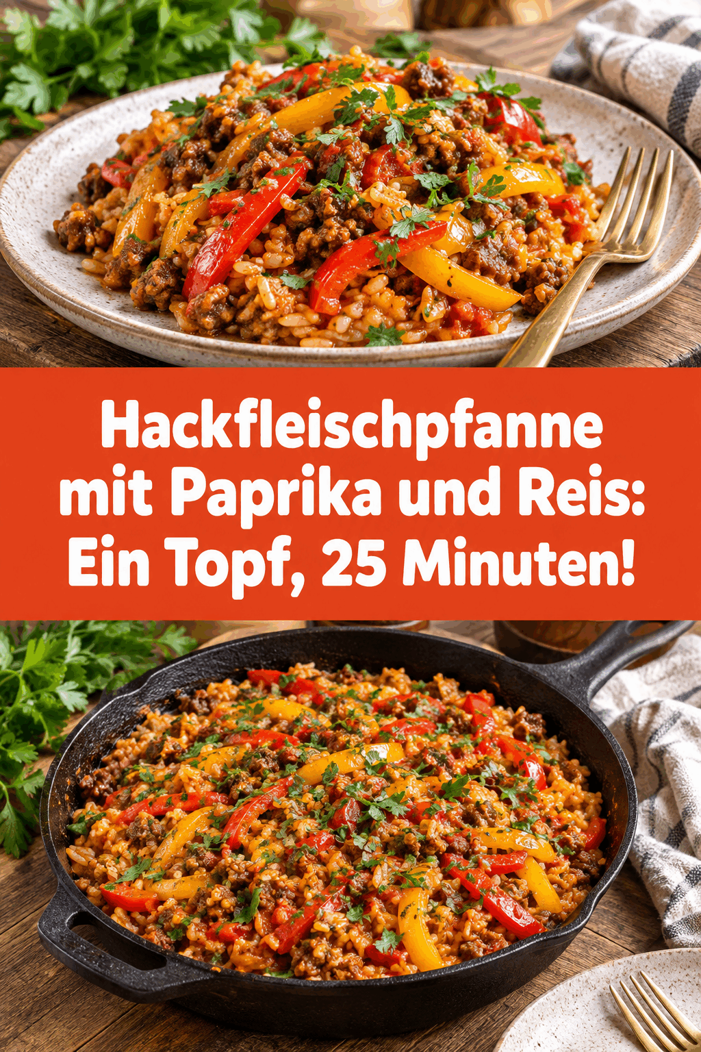 Hackfleischpfanne mit Paprika und Reis: Ein Topf, 25 Minuten!