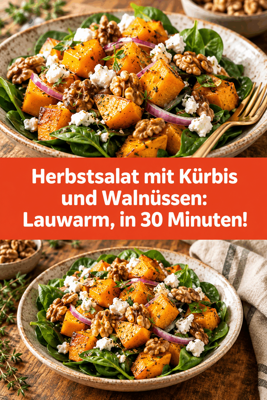 Herbstsalat mit Kürbis und Walnüssen: Lauwarm, in 30 Minuten!
