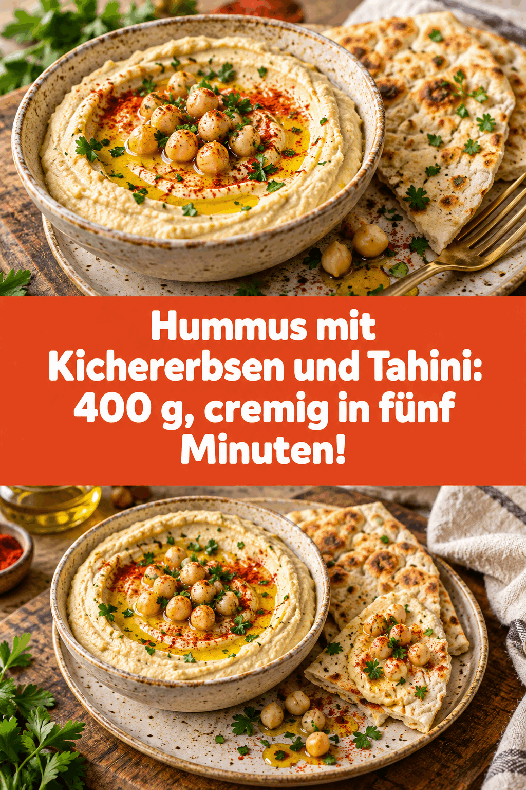 Hummus mit Kichererbsen und Tahini: 400 g, cremig in fünf Minuten!