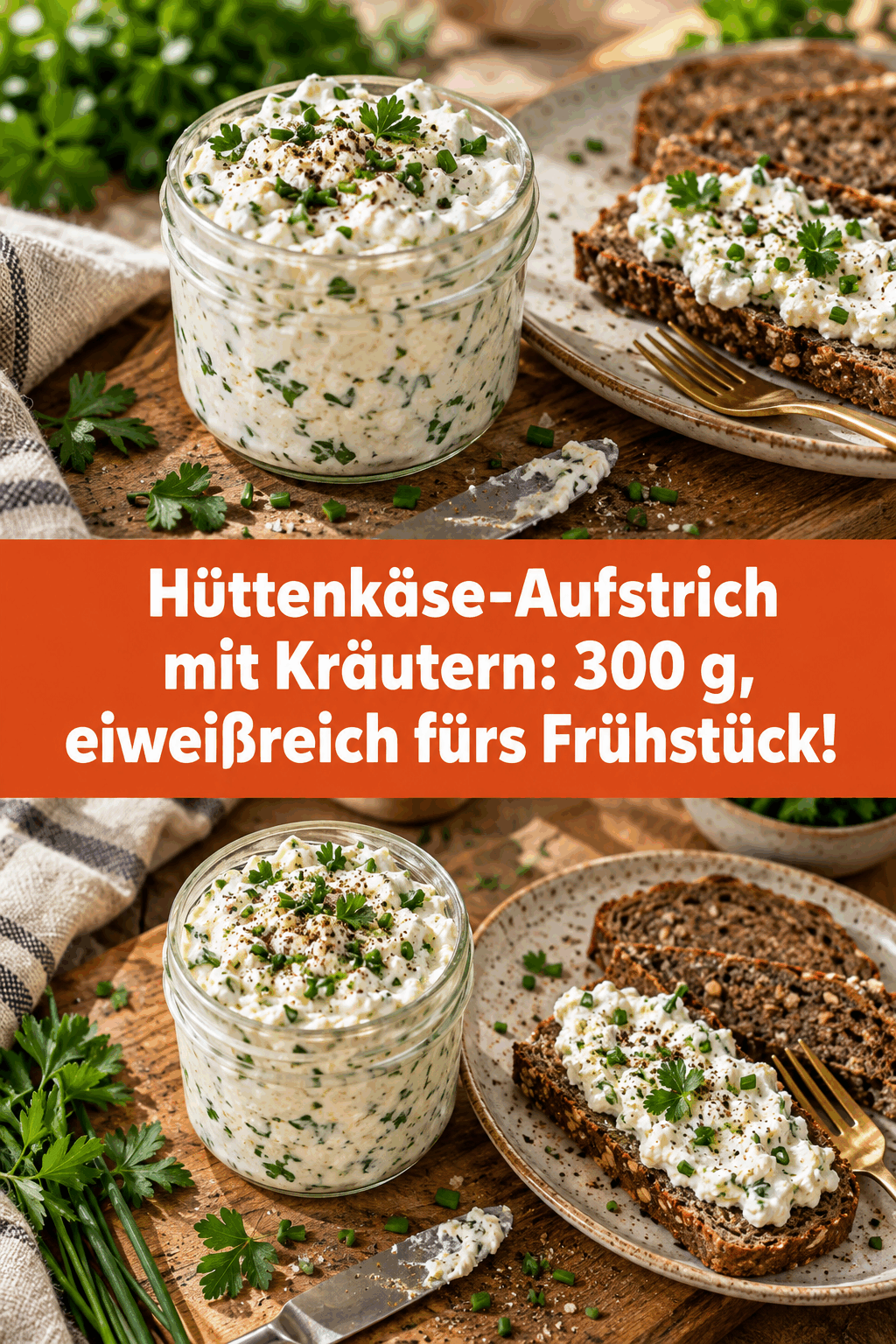 Hüttenkäse-Aufstrich mit Kräutern: 300 g, eiweißreich fürs Frühstück!