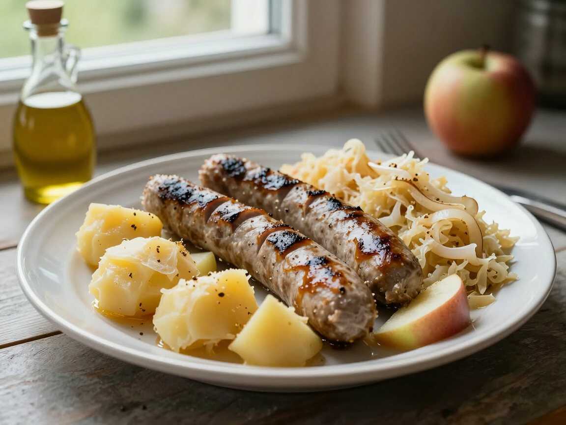 Kartoffel-Bratwurst-Blech mit Sauerkraut, das beliebteste Kartoffelrezept auf Pinterest – während der Zubereitung