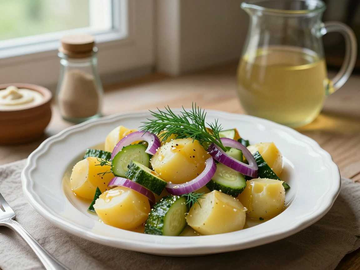 Kartoffel-Gurken-Salat mit Dill – perfekt zum Vorkochen für die ganze Woche – während der Zubereitung