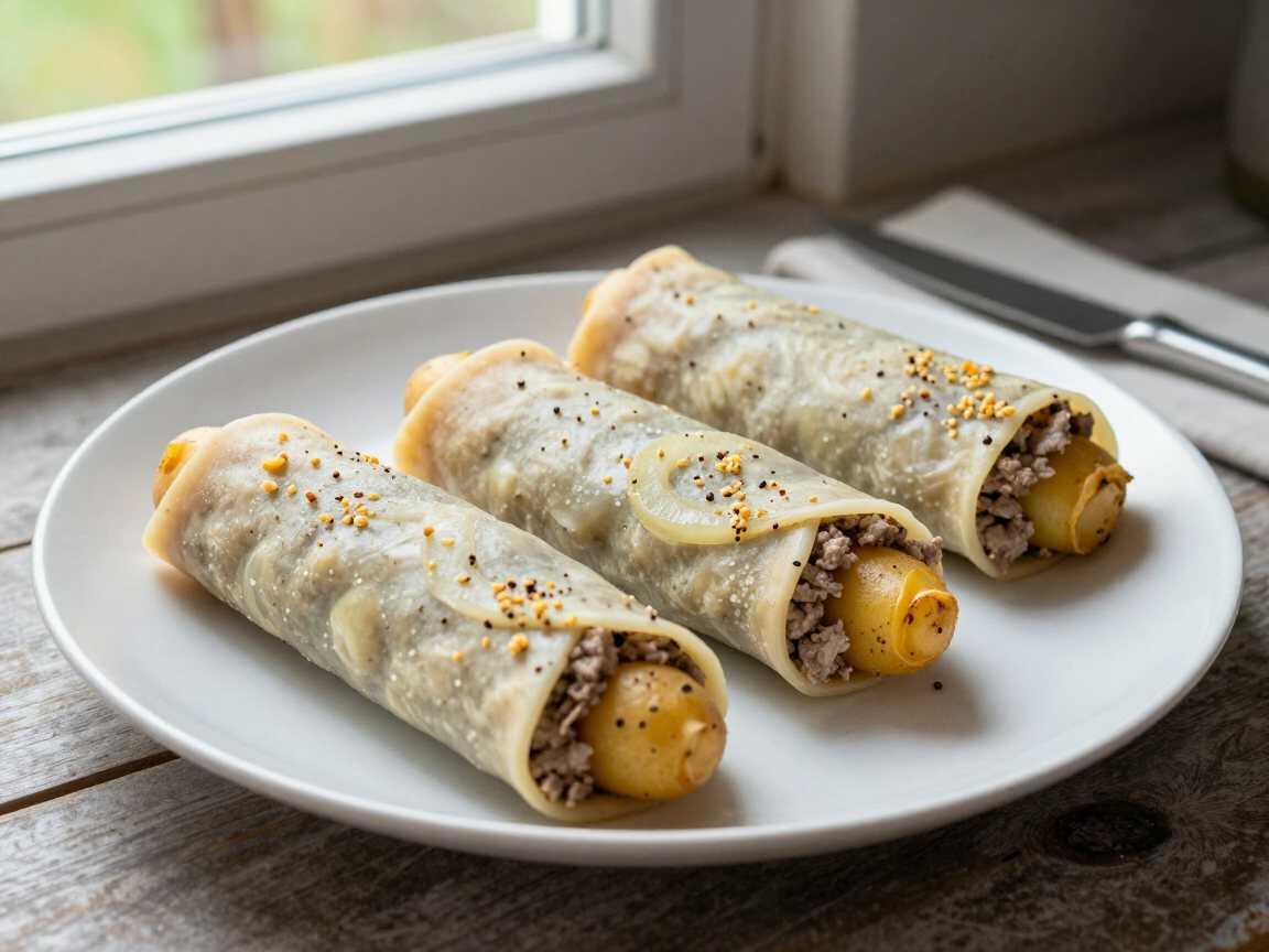 Kartoffel-Hack-Röllchen aus dem Ofen, perfekt als Beilage zum Grillen – während der Zubereitung